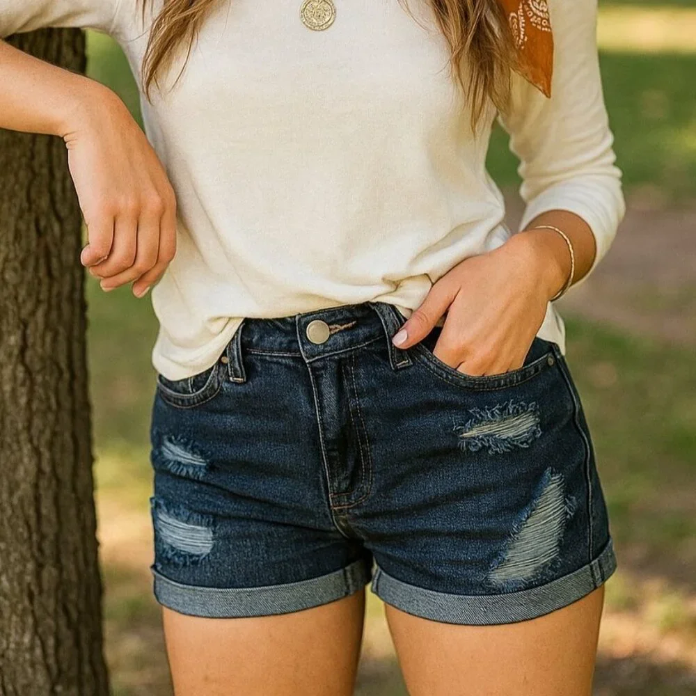 Shorts Sm Distressed Cuffed Ripped jean Denim Shorts Mid Rise Summer Classic